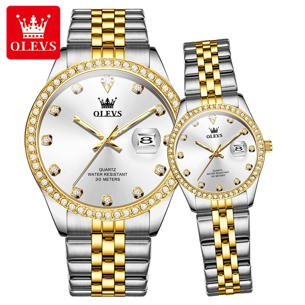 OLEVS 3629 Unisex Quartz Watch with Customized Face, Metal Strap, Diamond Date Show – Ultimate Couple Watch Set