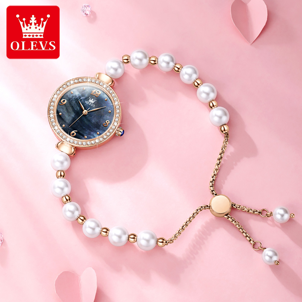 OLEVS 9968 Girls's Luxurious Diamond Quartz Wristwatch with Leather-based Bracelet and Pearl Accents - Wholesale Style Timepiece