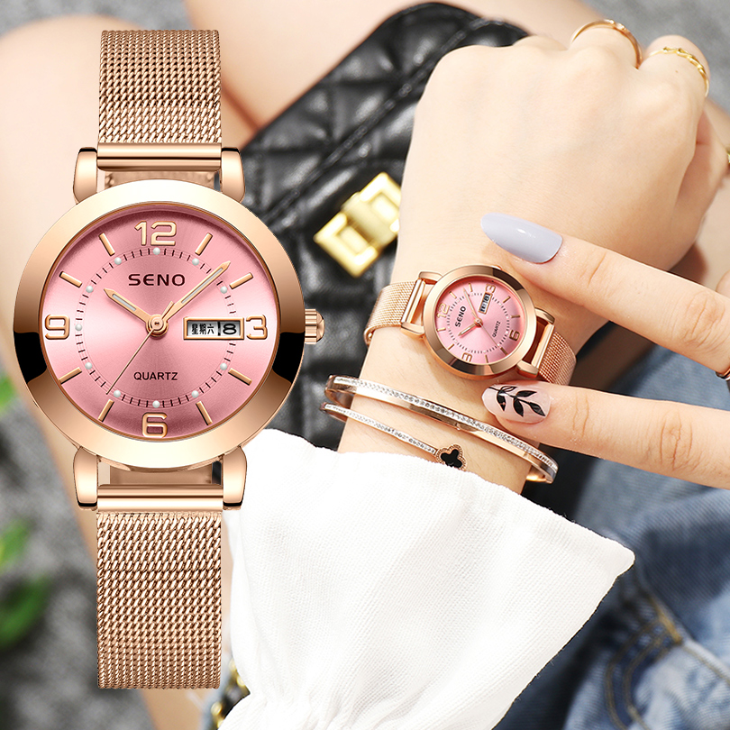 SENO S027 Girls's Quartz Watch - Luxurious Rose Gold Metal Band with Inexperienced Dial, Traditional Clock, Calendar Date, and Crystal Accents