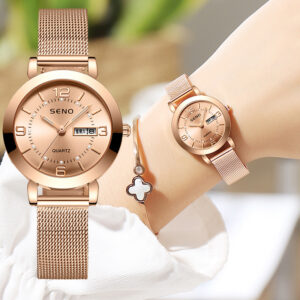 SENO S027 Girls’s Quartz Watch – Luxurious Rose Gold Metal Band with Inexperienced Dial, Traditional Clock, Calendar Date, and Crystal Accents